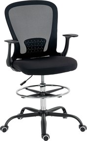 Cadeira de escritório 59 x 62 x 99-119 cm ergonómica com apoio para os pés ajustável e braços rebatíveis, altura regulável, preta