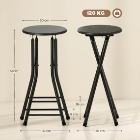 Conjunto de 2 bancos de bar dobráveis, bancos de bar redondos com apoio duplo para os pés, estrutura em aço, preto