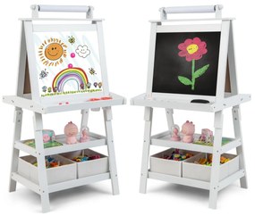 Cavalete infantil de dupla face 3 em 1 com 2 prateleiras 2 caixas e tabuleiro grande 59 x 50 x 117 cm Branco