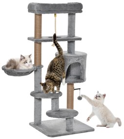 PawHut Arranhador Gatos Plataforma Caverna Rede Postes Juta Corda Bola Suspensa 48x48x120 cm Cinza Resistente Confortável