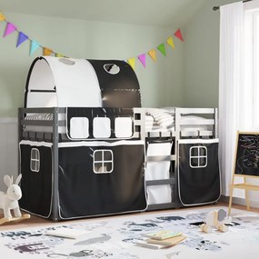 vidaXL Beliche com cortinas 90x200 cm pinho maciço branco e preto