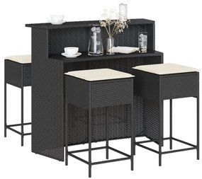 5 pcs conjunto de bar p/ jardim c/ almofadões vime PE preto