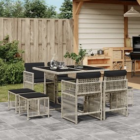 vidaXL 9 pcs conjunto de jantar p/ jardim c/ almofadões cinzento claro