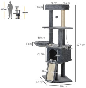 Arranhador para Gatos 127 cm com Caverna Rede Cama Plataformas Rampa de Sisal Bola Pendurada Cinza