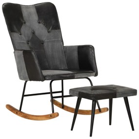 Cadeira baloiço c/ apoio de pés couro genuíno e lona preto