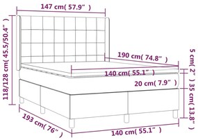 Cama box spring c/ colchão/LED 140x190 cm veludo cinzento