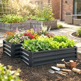 Conjunto de 2 floreiras retangulares de jardim em chapa de aço ondulada, 120 x 60 x 30,5 cm cinzento