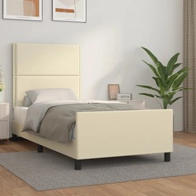 Estrutura de cama c/ cabeceira couro artificial 90x200 cm creme