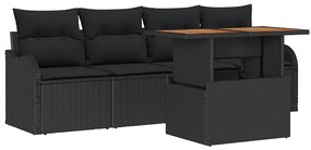 Conjunto de Sofá de Jardim 5 Peças com Almofadas Pretas em Rattan e Ac