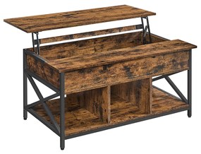 Mesa de centro VASAGLE, mesa de centro com tampo elevatório para sala de estar, mesa de centro com armazenamento aberto e oculto, barras em formato de X, 60 x 100 x (48-62) cm, marrom rústico e preto LCT205B01