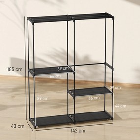 Guarda roupa aberto portátil 142 x 43 x 185 cm com 3 varões para pendurar roupa e 4 prateleiras, preto