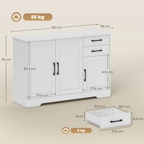 Aparador, móvel de arrumação com 3 portas 120 x 38 x 79 cm, 2 gavetas e prateleira ajustável, branco