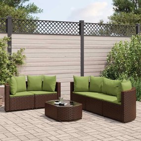 6 pcs conjunto de sofás jardim c/ almofadões vime PE castanho