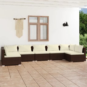 vidaXL 7 pcs conjunto lounge jardim c/ almofadões vime PE castanho