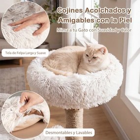 Arranhador para gatos de madeira 48 x 48 x 101 cm com interior boho luxuoso, 2 poleiros almofadados, postes para arranhar, tapete removível natural e