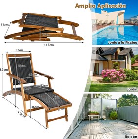 Espreguiçadeira dobrável 2 em 1 em rattan PE e madeira de acácia, com apoio para os pés retrátil, encosto e braços, para pátio, jardim e piscina Natur