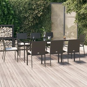 vidaXL 9 pcs conjunto de jantar p/ jardim c/ almofadões vime PE preto
