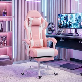 Cadeira Gaming Reclinável 155° com Suporte Lombar com Massagem Apoio de Cabeça e Apoio para os Pés 63x66x126-134 cm Rosa