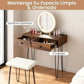 Toucador com espelho 80 x 40 x 76 cm e luzes e Estação de carregamento incorporada 2 gavetas com Banco castanho rústica
