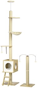 PawHut Árvore para Gatos Chão ao Teto 220260cm Ajustável Plataformas Rede Caverna Juta 40x40225 285cm Bege Aventura Conforto Durável | Aosom Portugal