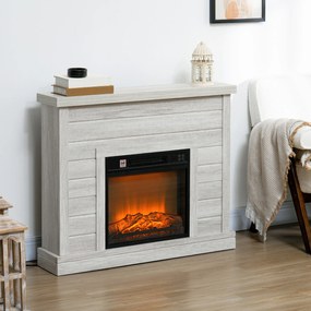 Lareira Elétrica 1800W Lareira Decorativa com Efeito de Chama Realista Temporizador para Ambientes de 30 m² 96,5x22x81,7 cm Madeira Clara