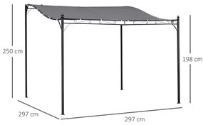 Pergola de jardim 2,97x2,97 m com Toldo e 4 Furos de Drenagem Metal e Poliester 180 g / m² Resistente para pátio jardim Cinza