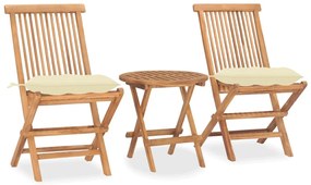 3 pcs conj. jantar dobrável exterior c/ almofadão teca maciça