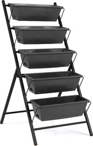 Floreira vertical de 5 níveis 57 x 71 x 115 cm com estrutura metálica, tabuleiros removíveis e orifícios de drenagem, para interior e exterior, Preta