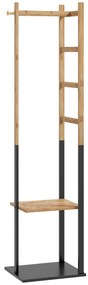 Cabide de Pé de Bambu com 2 Prateleiras 2 Ganchos 5 Barras e Estrutura de Aço 46x28,5x153,5 cm Madeira e Preto