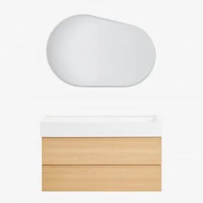 Conjunto De Móvel De Casa De Banho Em Madeira E Chapa De Freixo Com Lavatório Integrado Ona Madeira Natural & Oval Led E Anti-embaciamento - Sklum