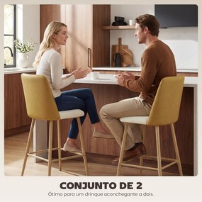 Conjunto de Bancos Altos de Cozinha com Encosto e Descanso para os Pés Revestidos em Linho e PU Estrutura de Aço Castanho