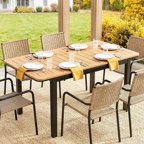 Mesa de jardim retangular para 6 pessoas 127 x 70 cm em madeira composta, com estrutura metálica e tampo de ripas, castanho