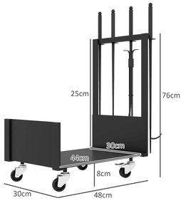 Suporte para Lenha com Rodas Estante para Lenha Metálico de Exterior com Pá Escova Atizador e Tenazes 48x30x76 cm Preto