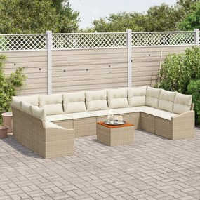 Conjunto de Sofá de Jardim de 11 Peças com Almofadas Bege Polirattan A