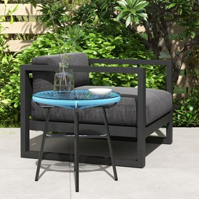 Mesa de centro redonda de jardim  Ø 50 x 50 cm (altura) em resina com acabamento em rattan e metal e tampo em vidro temperado, azul e preta