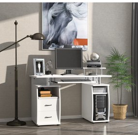 HOMCOM Secretária para computador Mesa para PC com prateleiras múltiplas Bandeja de teclado Suporte para CPU e 2 gavetas 120x55x85 cm branco
