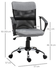 Cadeira ergonômica giratória de escritório com assento ajustável em altura, apoios de braço e rodas 57x57x93-103 cm Preto e cinza