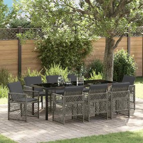 Conjunto de Jantar de Jardim vidaXL de 9 Peças com Almofadas Cinza em Rattan Poli
