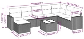 9 pcs conj. sofás jardim com almofadões vime PE cinzento-claro