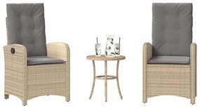vidaXL 3 pcs conjunto bistrô com almofadões vime PE bege misturado