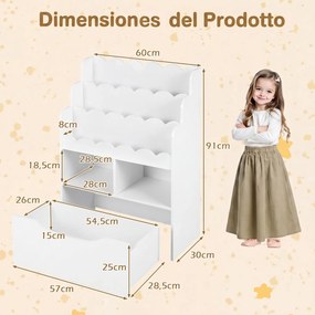 Estante Infantil para Brinquedos, 30 x 60 x 91 cm, Gaveta Removível com Rodas, Branco