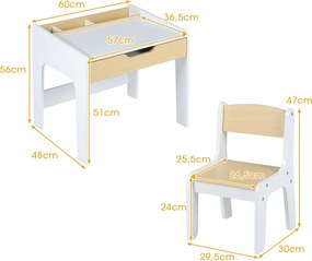 Conjunto de Mesa e Cadeira Infantil, 60 x 48 x 56 cm, Com Gaveta e Compartimentos de Arrumação, Natural e Branco
