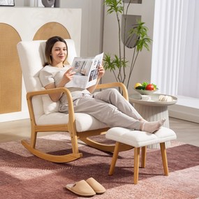 Poltrona de Baloiço com Apoio para os Pés Estofado em Bouclé com Almofada Acolchoada Encosto Ergonómico Apoios de Braços e Pés de Madeira 64,5x82x89 c