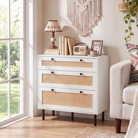 Cómoda de 3 Gavetas, 75 x 35 x 77,5 cm, Frentes com Imitação de Vime, Branco