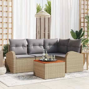 vidaXL Conjunto de Sofá de Jardim de 5 Peças com Almofadas em Bege Polirattan e Acácia