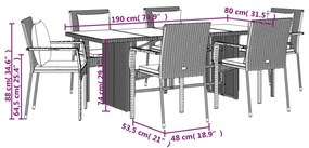 7 pcs conjunto de jantar p/ jardim c/ almofadões vime PE cinza