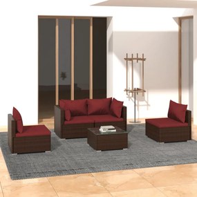 vidaXL 5 pcs conjunto lounge jardim c/ almofadões vime PE castanho