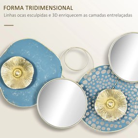 HOMCOM Decoração de Parede de Metal Espelho de Folhas de Flores 3D Arte de Parede Suspensa para Sala de Estar Dormitório Escritório 65x29cm Multicor