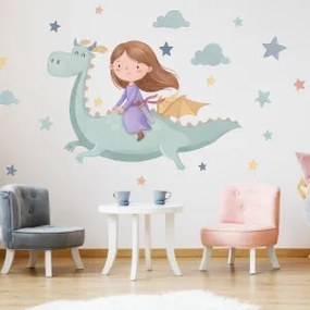 Autocolante de parede para crianças - Rapariga num dragão