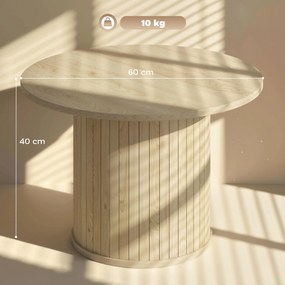 Mesa de Centro Redonda com Base de Coluna de Ripas para Sala de Estar ou Quarto Ø60x40 cm Madeira